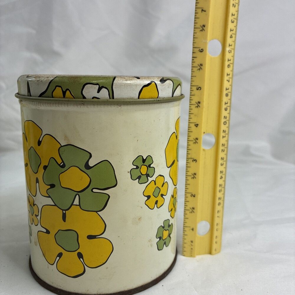 Ballonoff Daisy Tin Set Canister Dustpan Avocado Green Yellow Flower Rusty Vtg - Picture 12 of 16